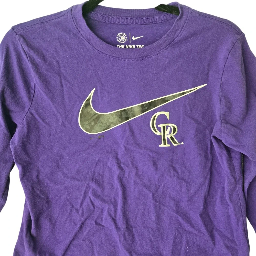 Nike Colorado Rockies Womens Long Sleeve‎ T-Shirt Purple Camo Swoosh MLB Medium